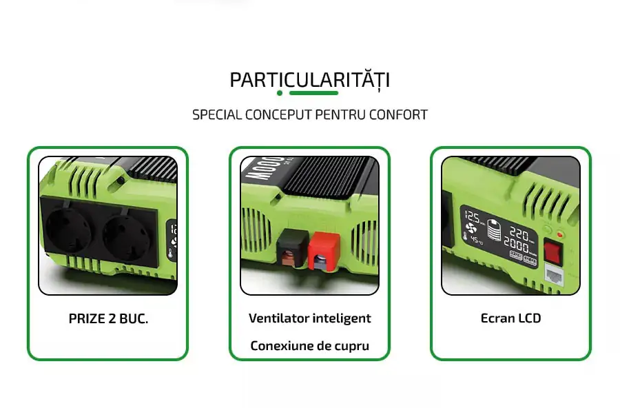 invertor 12-220 2500W Particularități - Prize 2 buc., Ventilator inteligent Conexiune de cupru, Ecran LCD